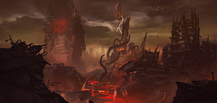 video games, Doom (game), DOOM Eternal, apocalyptic, satanic, HD wallpaper