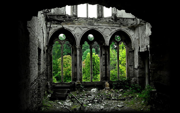 ruined house, dark, abandoned, architecture, built structure