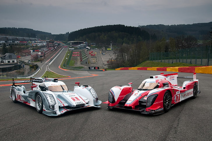 two gray and red formula cars, Audi, race, sport, Toyota, autosport