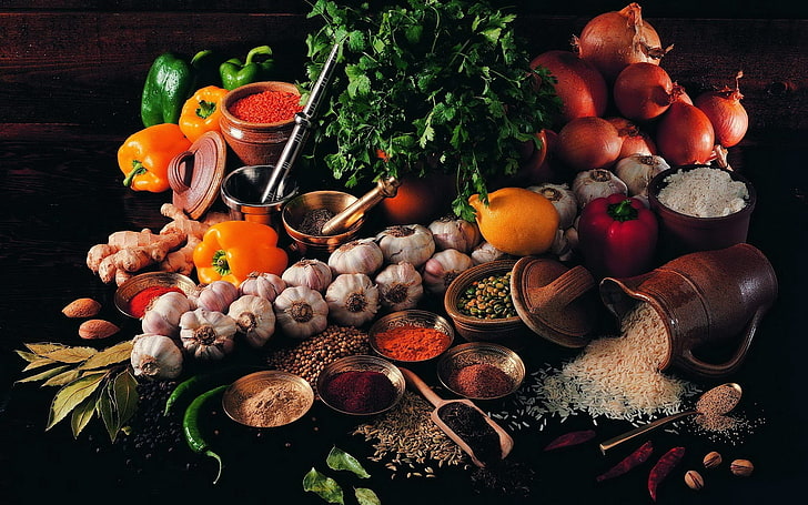 assorted spices lot, vegetables, rice, still life, dark, food, HD wallpaper