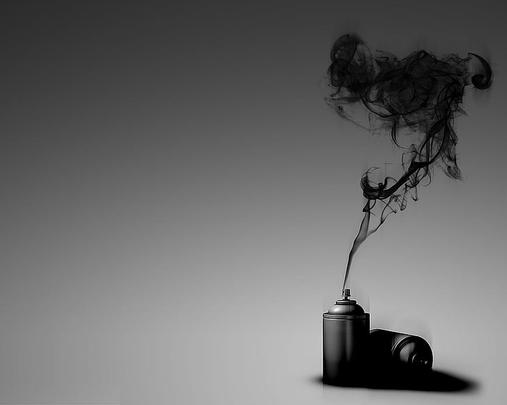 black and white table lamp, spray, simple background, smoke, monochrome