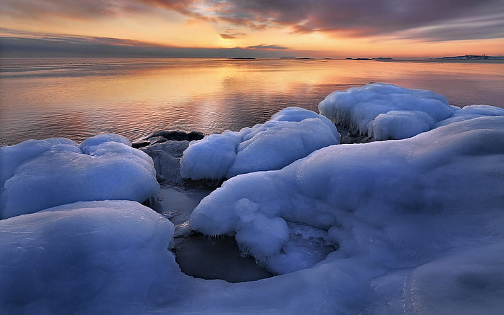 blue and white stone fragment, water, ice, landscape, calm, sunset