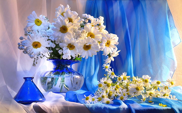two blue glass vases, daisy, flowers, bouquet, decoration, nature, HD wallpaper