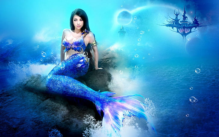 Beautiful Blue Mermaid, fantasy, 3d and abstract