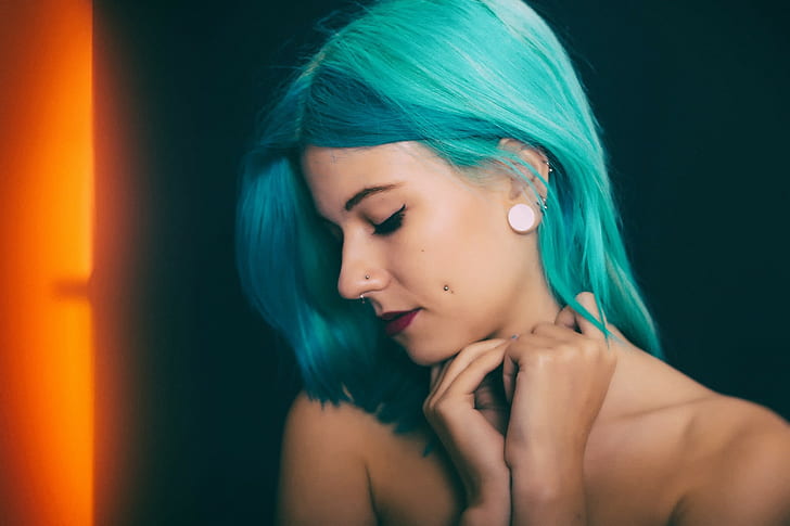 women, nose rings, pierced nose, piercing, blue hair, bare shoulders
