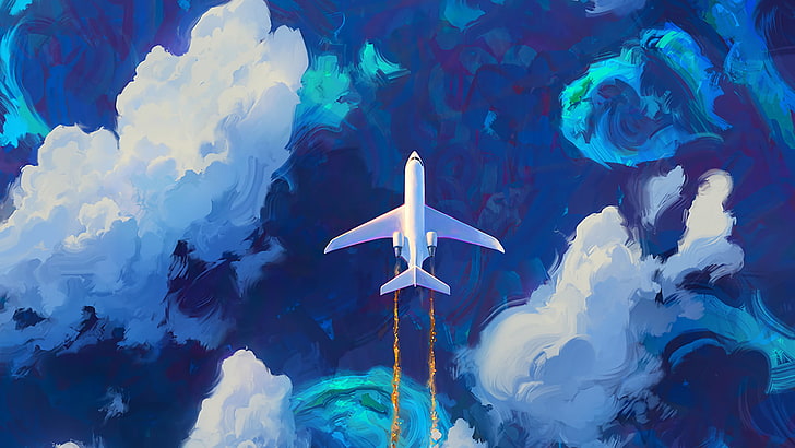 white airplane painting, white plane with blue and white skies painting