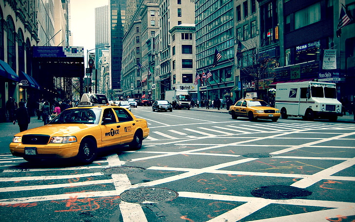 yellow Ford Crown Victoria sedan, new york, city, street, taxi, HD wallpaper