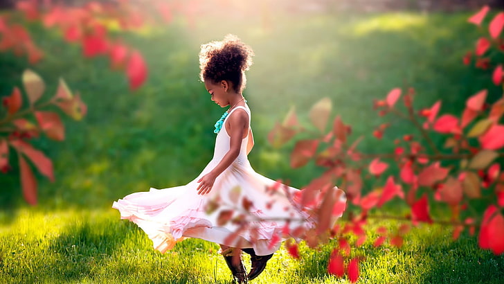 children, dark skin, pink dress, depth of field, grass, sunlight, HD wallpaper