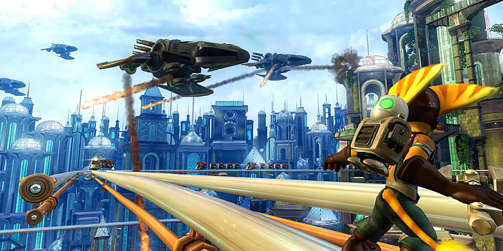 video games, screen shot, Ratchet and Clank, airships, city, HD wallpaper
