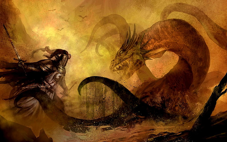 knight and hydra illustration, Fantasy, Warrior, backgrounds, HD wallpaper