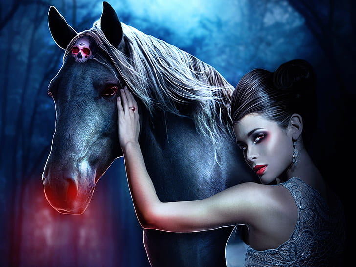 Fantasy girl with a horse, skull, red lips, woman in white sequined back sleeveless dress with horse poster, HD wallpaper