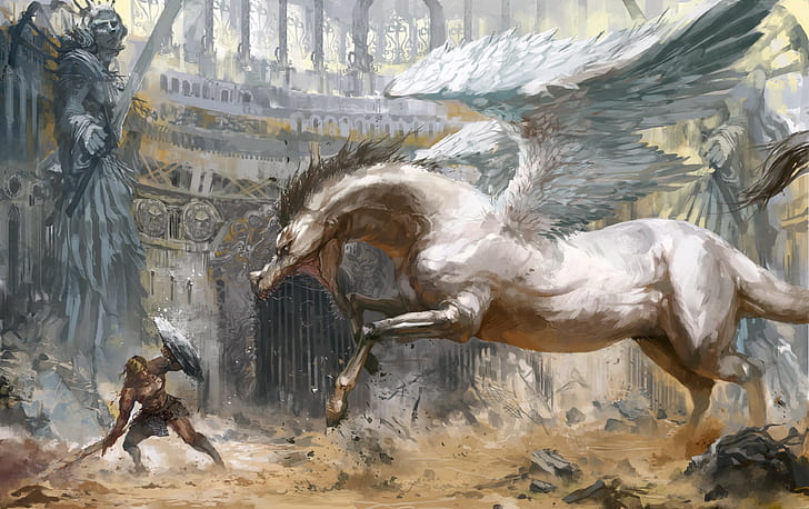 Pegasus, fantasy art, artwork, hero, wings, horse, shield, sword, HD wallpaper