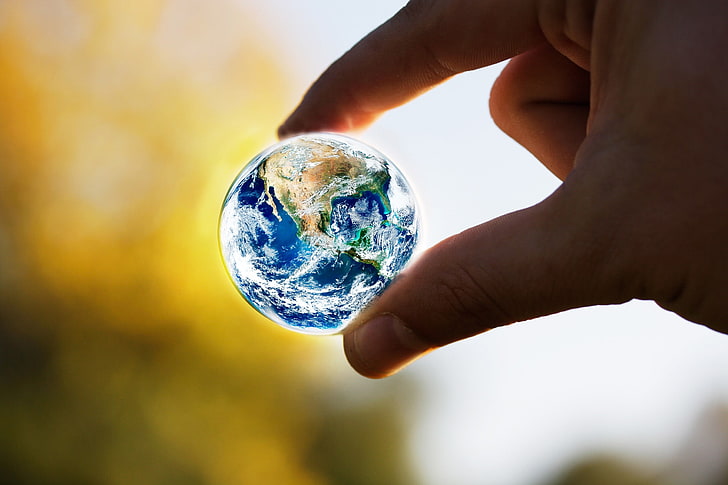blue marble toy, Earth, globes, miniatures, hands, fingers, symbols, HD wallpaper