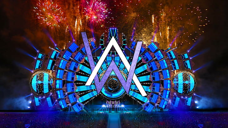 alan walker logo fireworks, illuminated, night, blue, architecture, HD wallpaper