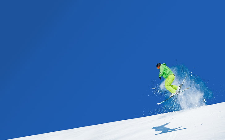 men's green hooded bubble jacket, mountain, skier, jump, sport