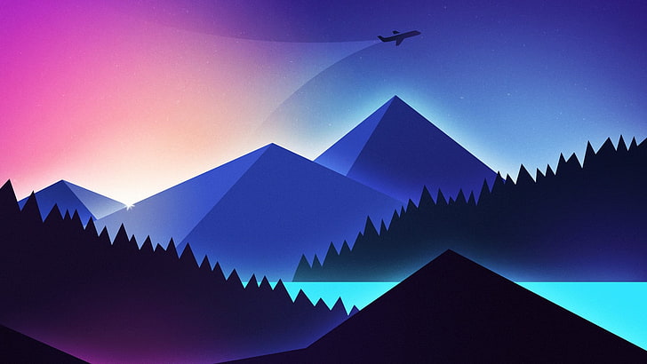 abstract, mountain, airplane, pink, minimalistic, minimalism, HD wallpaper