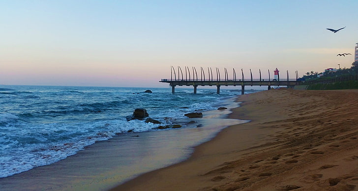 beach, pier, South African, sky, sea, sunset, water, land, scenics - nature, HD wallpaper
