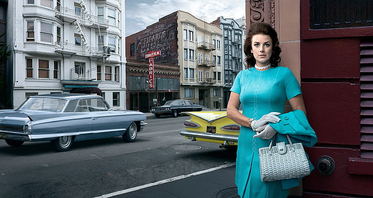 vintage, USA, women, cityscape, car, Chevrolet, one person