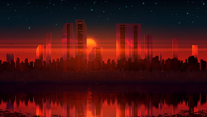 JoeyJazz, cityscape, reflection, sunset, HD wallpaper