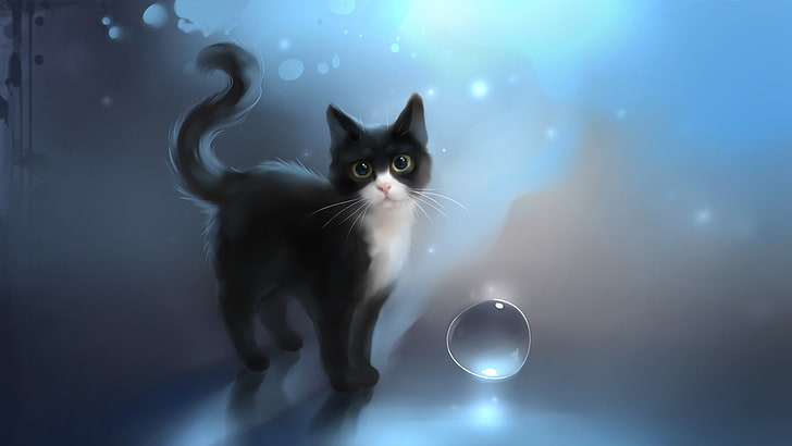 black and white kitten illustration, cat, art, apofiss, soulshine, HD wallpaper