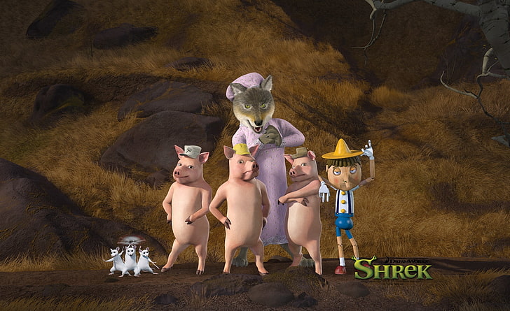 The Three Little Pigs And Pinocchio, Shrek character digital wallpaper, HD wallpaper