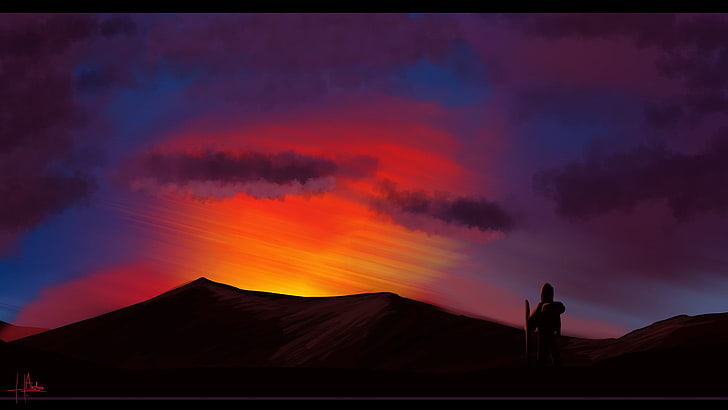artwork, illustration, sky, mountains, clouds, sunset, cloud - sky, HD wallpaper