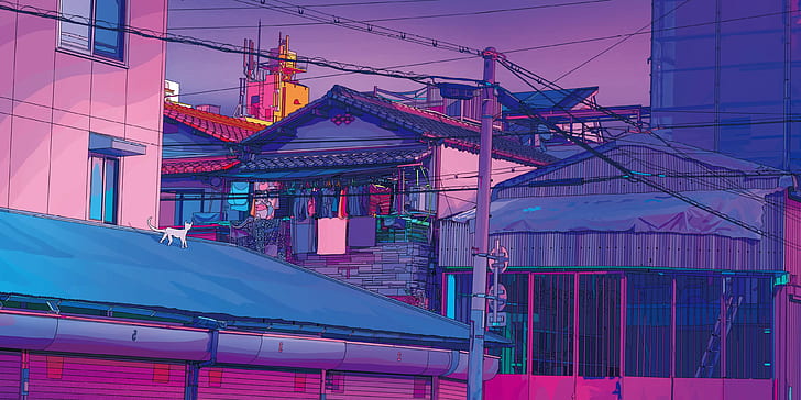 Tokyo, Japan, aestethic, artwork, digital art, cats, rooftops, HD wallpaper