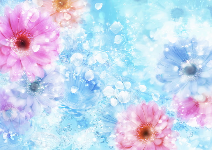 Hd Wallpaper Pink And Blue Petaled Flowers Wallpaper Water The Reflection Wallpaper Flare