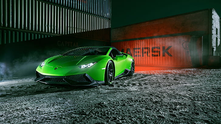 Lamborghini Huracan Spyder green supercar front view, night, dock