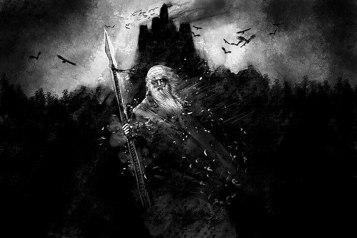 man holding spear illustration, painting, Vikings, Odin, Gungnir