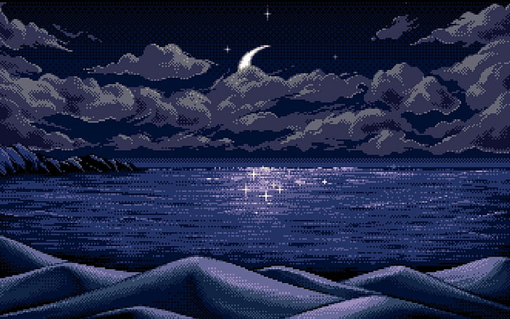HD wallpaper: pixel art pixels moon horizon blue nature sea clouds hills night stars landscape | Wallpaper Flare