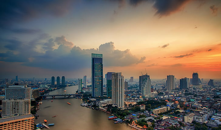 Thailand, architecture, building, clouds, town, river, Bangkok, HD wallpaper