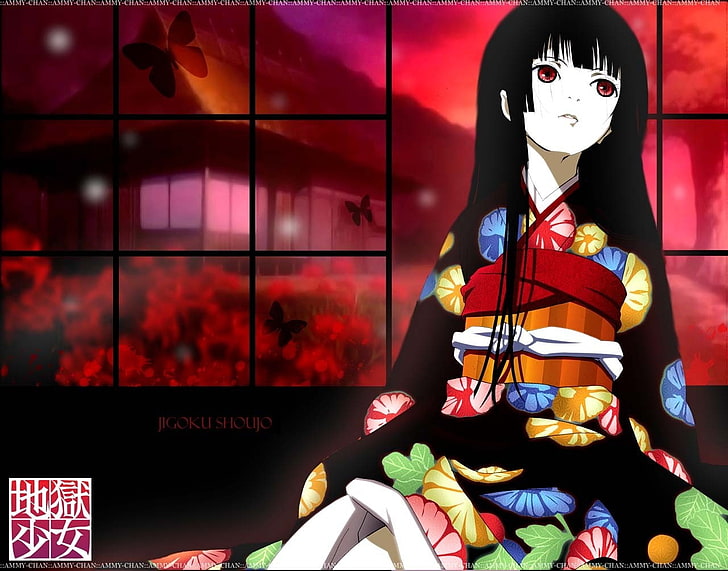 Enma Ai, anime girls, Jigoku Shoujo, kimono, flowers, butterfly, HD wallpaper