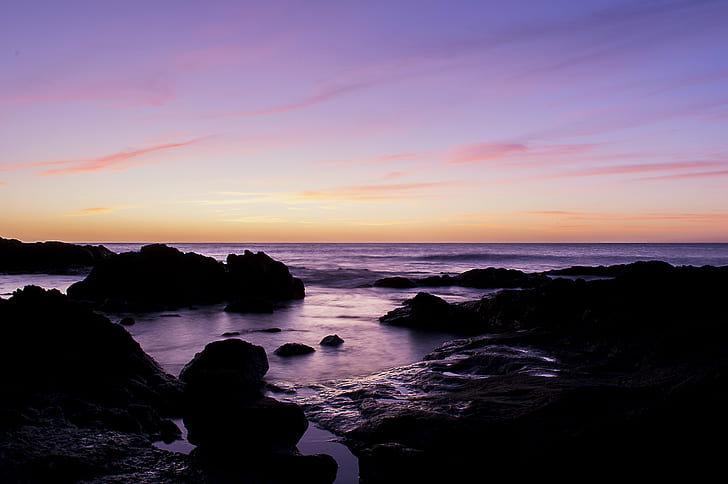 silhouette of rock on the seashore during sunset, Primera, First