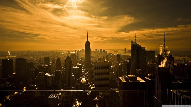 black skyscraper, cityscape, clouds, New York City, built structure, HD wallpaper
