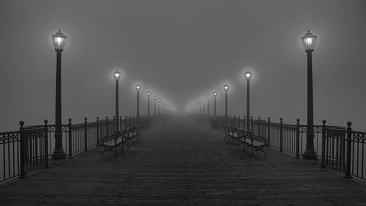 pier with lampposts, monochrome, night, bench, mist, lighting equipment