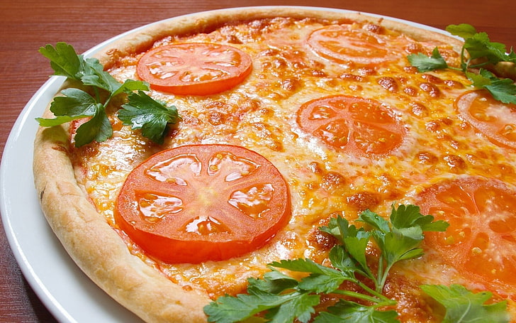 pizza with slice of tomatoes, pizzas, circles, parsley, food