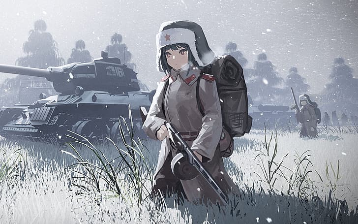 anime girls, Soviet Army, military, USSR, tank, war, PPSh-41