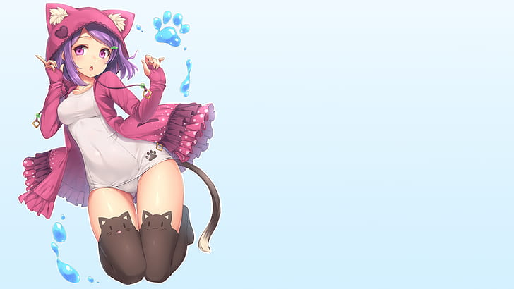anime girls, cat girl, purple hair, kneeling, hoods, simple background