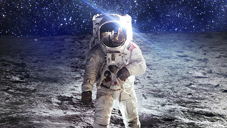 astronaut, moon, surface, space, stars, sky, starry sky, reflection, HD wallpaper