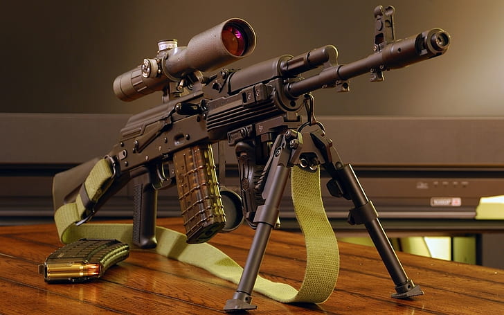 Automatic Gun AK-101, black assault rifle, scopes, firearms, belt