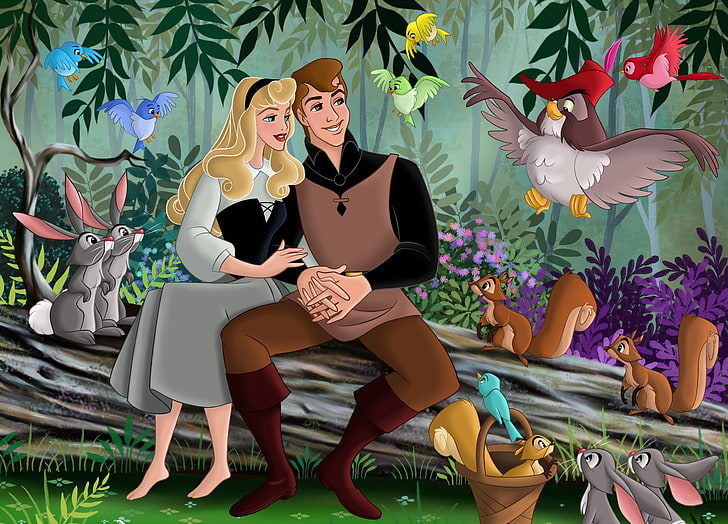 Cinderella and Prince illustration, forest, flowers, birds, cartoon