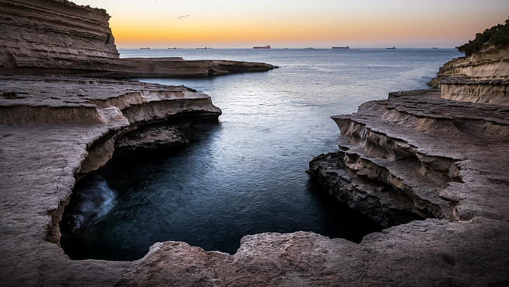 brown rock formation near body of water, malta, malta, St Peter's pool, HD wallpaper
