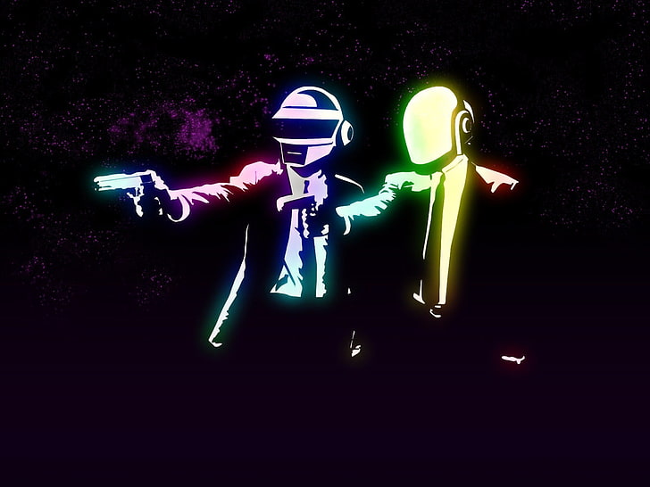 two men holding gun graphic wallpaper, Daft Punk, music, illuminated