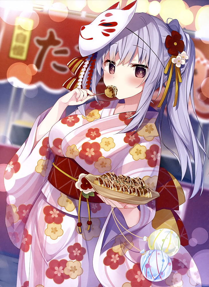 HD wallpaper: anime festival, kimono, girl, mask, eating snack, cute,  celebration | Wallpaper Flare
