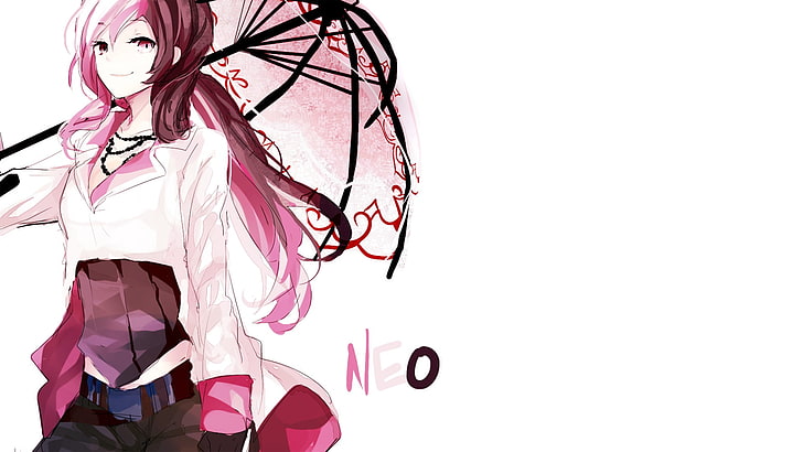 pink-haired female anime character, RWBY, Neopolitan, white background