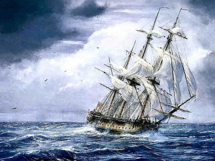 sailing ship, artwork, sea
