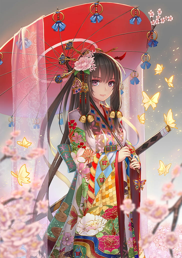 hair ornament, long hair, kimono, anime girls, umbrella, Japanese clothes, HD wallpaper