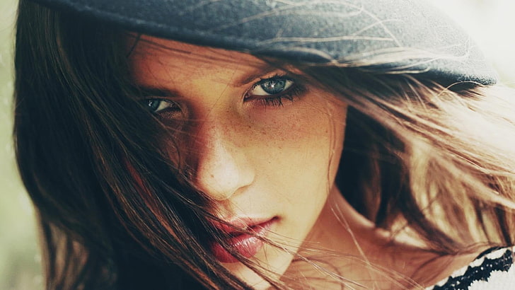 HD wallpaper: women, brunette, model, face, freckles, hat, blue eyes ...