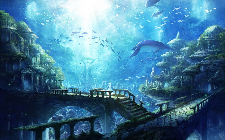 underwater city, ruins, fishes, Fantasy, animal, animal themes, HD wallpaper